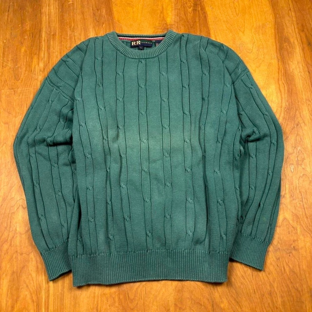 R&R Casuals green cable knit sweater Size L heritage preppy grandpacore knitwear